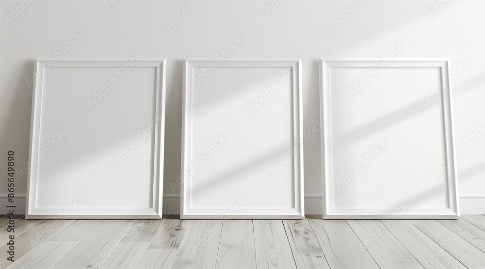 Poster front view of three white minimalistic picture frames on a light background.