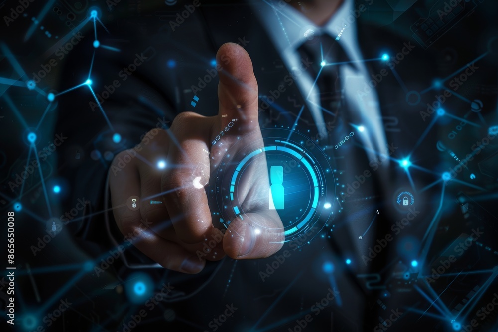 Poster businessman operating advanced virtual buttons on high quality virtual background