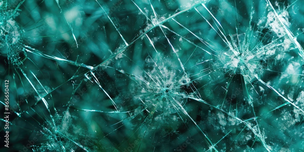 Poster a close-up view of a shattered glass window with jagged edges and splintered fragments
