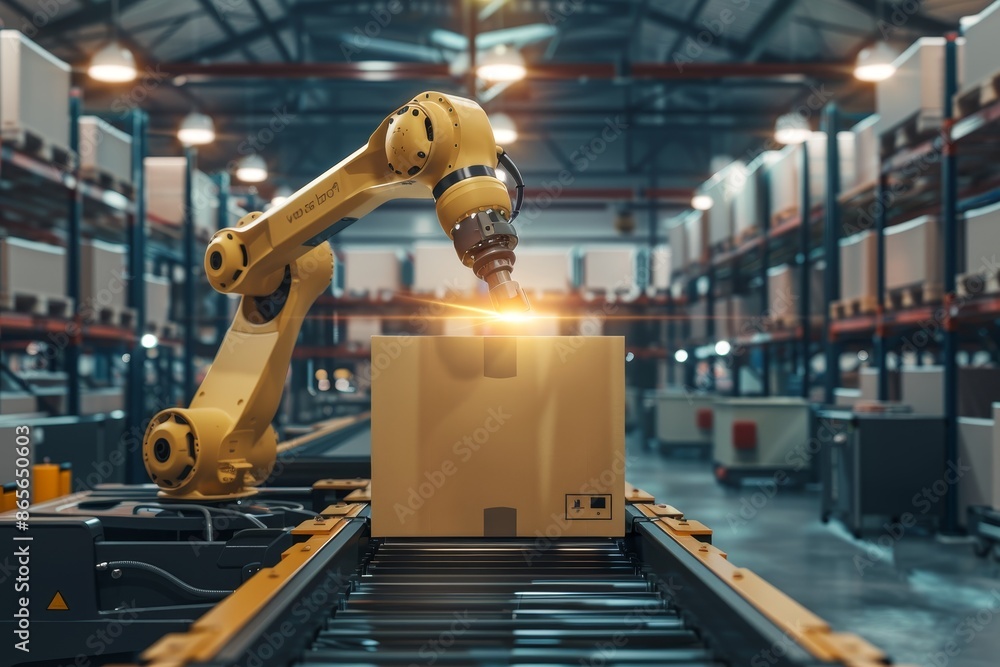 Poster automated robotic arm sorting cardboard box on conveyor in storage warehouse facility