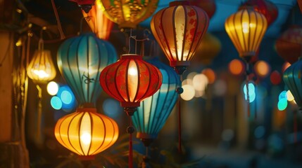 Obraz premium A cluster of vibrant lanterns suspended from above, emitting a warm glow