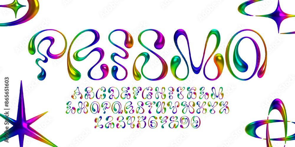 Poster 3d holographic rainbow font, alphabet letters and numbers in y2k style. flowing shapes of liquid met