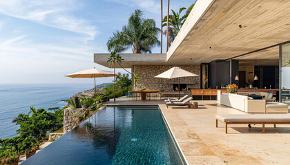 Fototapeta premium winning photography, cabana, pool overlooking the blue sea, concrete wall, bronze finishes, tropical plants, chic minimalist style, morning light, beige umbrellas, travertine bar,