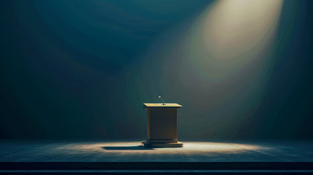 Wooden podium on an empty stage under a spotlight, symbolizing public speaking, presentations, or conferences.