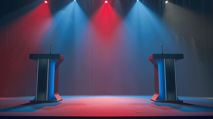 Two podiums bathed in red and blue light on a stage, set up for a debate or presentation in a professional setting.