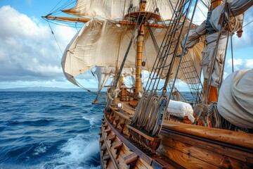 Wooden sailing ship navigating the open sea, capturing the spirit of nautical adventure and maritime heritage on a wind-powered journey