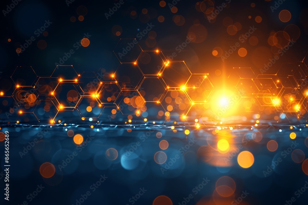 Poster Abstract futuristic technology background with glowing hexagons, illustrating digital network connections and innovation in a cyber environment