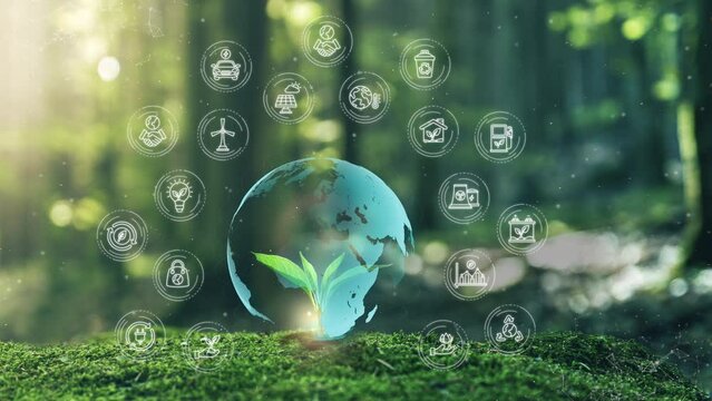 Ecological Green Energy Icons Concept Sphere World Spinning on Young plant springing up out of the moss soil