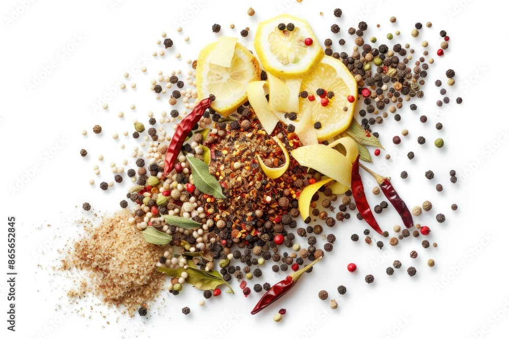 Poster a collection of various spices arranged on a clean and simple white surface, great for use in food o