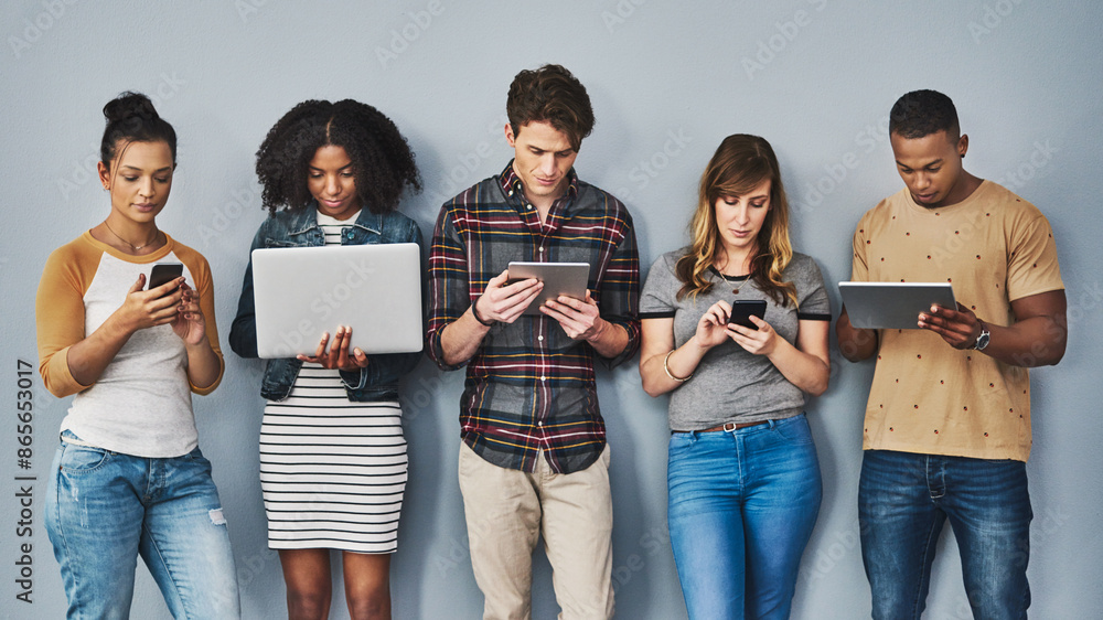 Poster tablet, laptop and row of business people in startup for internet, website and online networking. cr