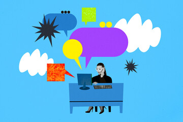 Trend artwork composite photo collage of vibrant office workspace speech bubble mind cloud message social media woman shocked talk phone