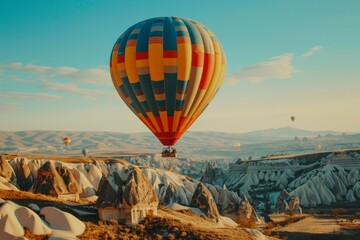 Obraz premium Colorful hot air balloon soaring in clear blue sky for thrilling and adventurous escape