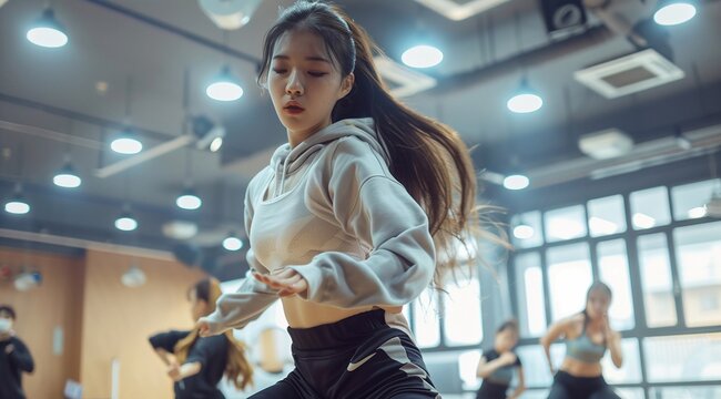 beautiful female k-pop idol who are practicing dance in the dance studio in comfortable outfits.