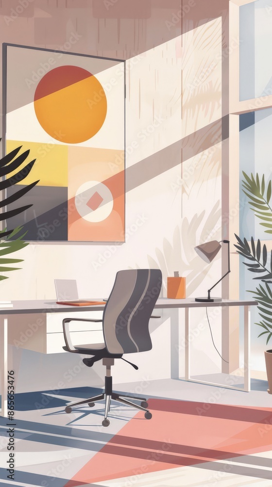 Aufkleber Bright and airy office space with ergonomic chair and desk setup next to large window. Perfect for promoting productivity and focus in a professional environment