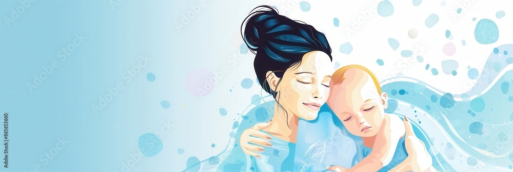 Poster a mother lovingly cradles her sleeping infant, creating a peaceful and calming scene. generative ai