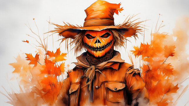 Halloween Orange Watercolor Painting, Creepy Scare Crow llustration, Graphic Resource