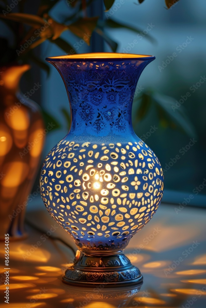 Wall mural A blue vase sits on a table next to a potted plant