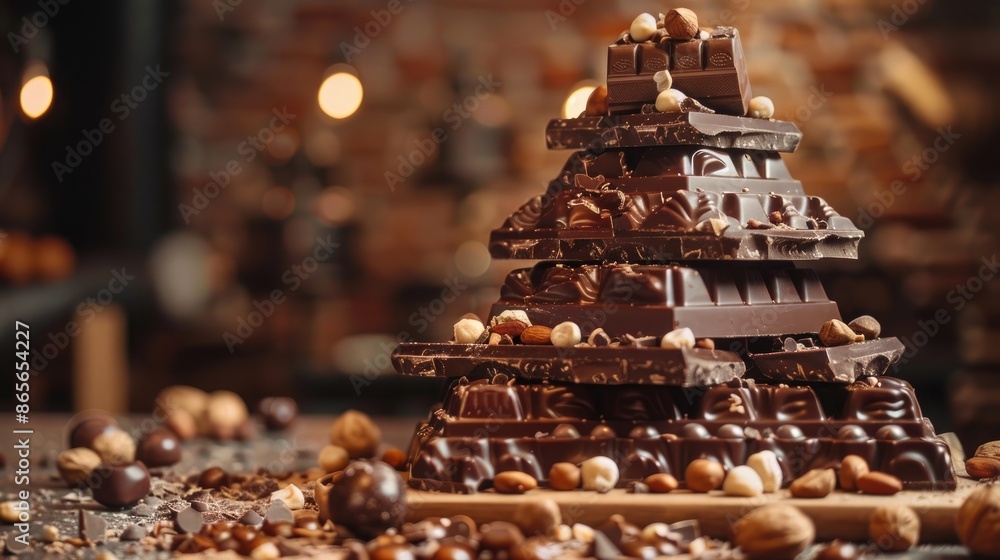 Poster chocolate bars and a chocolate tower displayed on a table with a mixture of nuts and swirls of choco