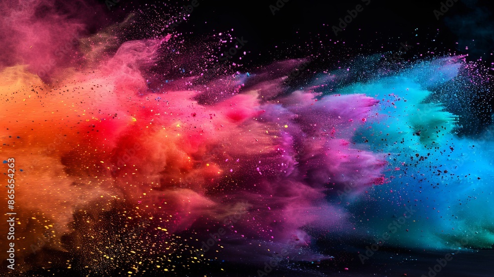 Poster vibrant abstract color explosion with dark background. this artistic image showcases a dynamic burst