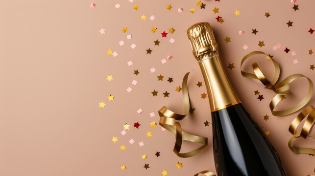 Elegant golden champagne bottle surrounded by confetti stars and festive party streamers. Christmas, birthday, or wedding flat lay design with generous copy space for event announcements