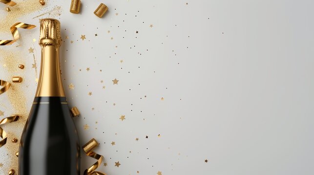 Elegant golden champagne bottle surrounded by confetti stars and festive party streamers. Christmas, birthday, or wedding flat lay design with generous copy space for event announcements