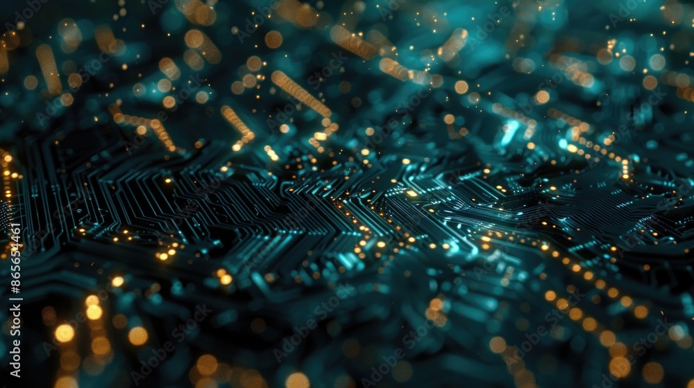 Poster a detailed view of electronic components and wires on a computer circuit board, suitable for use in 