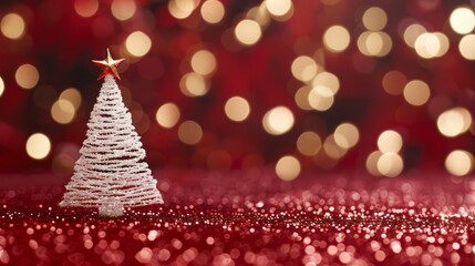 Festive Christmas tree with glowing bokeh lights, set against a vibrant red canvas background, perfect for holiday greeting cards. Merry Christmas and Happy New Year. Space for text