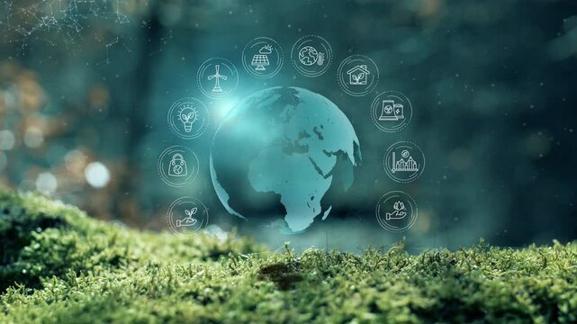 Digital Globe Concept Ecological Green Energy Icons Earth Spinning On Real Moss Background