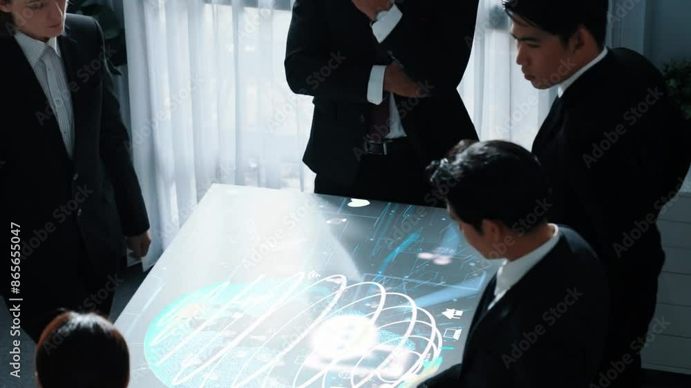Poster top view of project manager looking hologram of global networking connection table surrounded by div