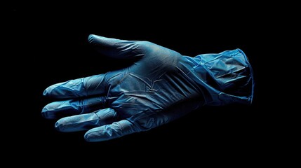 A pair of blue latex gloves against a dark background