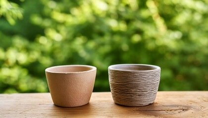 Empty pots for succulents. Tiny textured ceramic planters for plants on wooden table. Close-up.