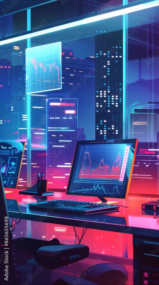 Poster financial analysis workspace with digital charts and graphs on multiple screens. night cityscape bac