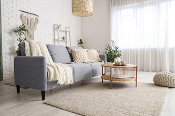 Stylish interior of living room with cozy sofa, houseplant, cushions and coffee table