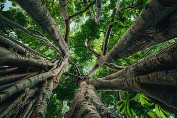 Obraz premium A view of the treetops with leaves and branches, suitable for nature, outdoor, or scenery uses