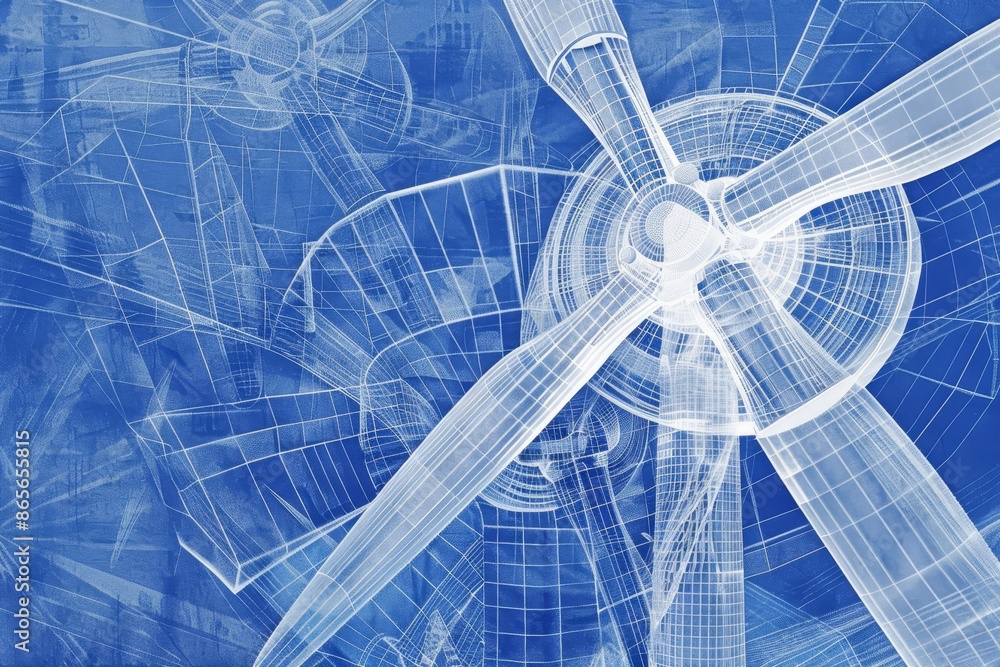 Poster blueprint design of wind turbines showcasing renewable energy technology and engineering innovation 