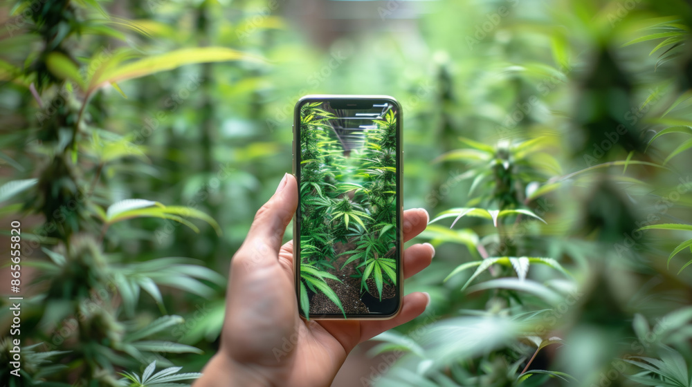 Poster a hand holds a smartphone displaying a mobile app interface used for monitoring cannabis plants.