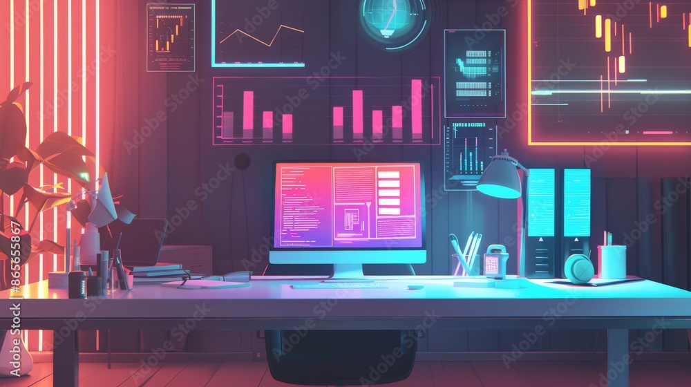 Aufkleber Contemporary office workspace with digital charts and graphs on computer screen. Modern design neon lights and business analytics tools