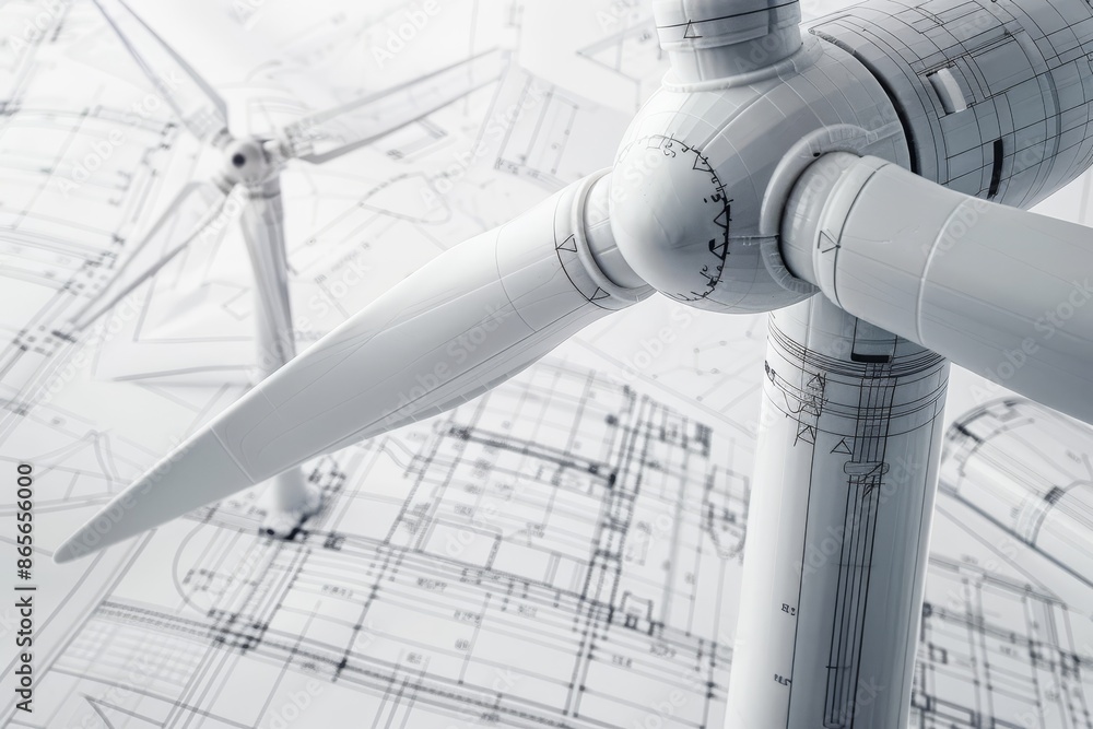 Poster wind turbine blueprint design highlighting engineering innovation and renewable energy technology fo