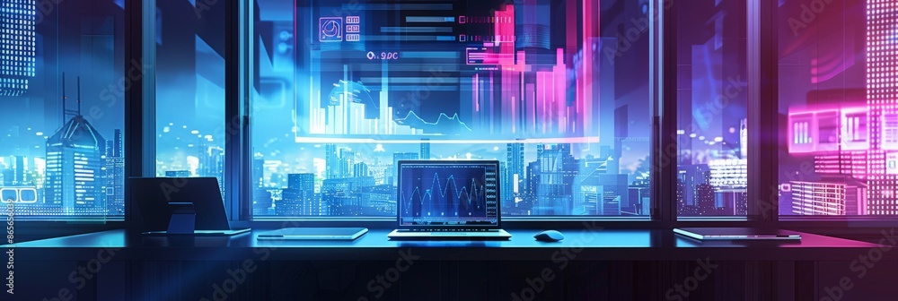 Poster Corporate workspace with multiple screens displaying financial data and charts. High-tech office environment neon lighting and futuristic design