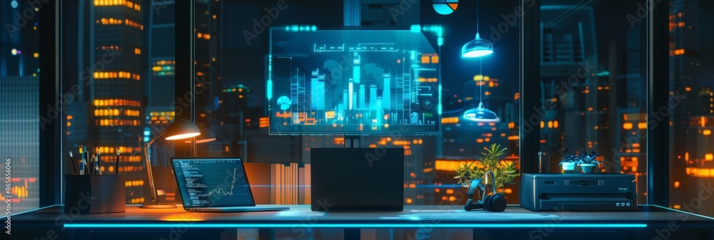 Aufkleber High-tech office desk with computer screen displaying financial analytics and charts. workspace with digital marketing tools and neon lighting
