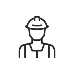 Construction worker, linear style icon. Person wearing a hard hat, indicating a construction worker. Editable stroke width.