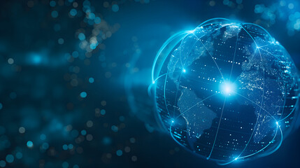 Obraz premium Digital technology background with a blue globe and world map, depicting a global network concept for internet business or online marketing
