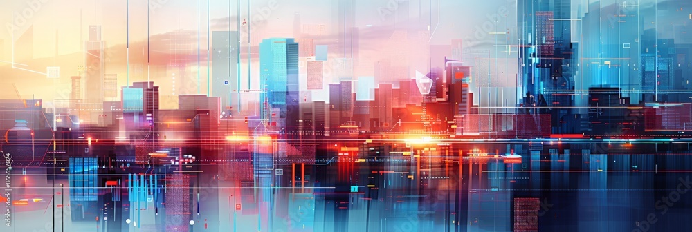 Poster Abstract digital cityscape with data lines glowing points representing a network. Futuristic urban environment with advanced technological elements