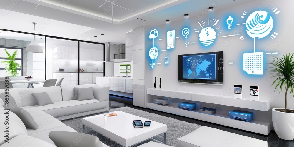 Poster modern smart home interior with advanced technology and automation, showcasing stylish and comfortab