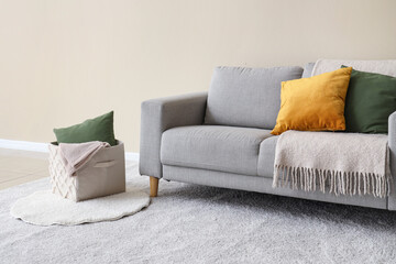 White living room with comfortable sofa, plaid and pillows