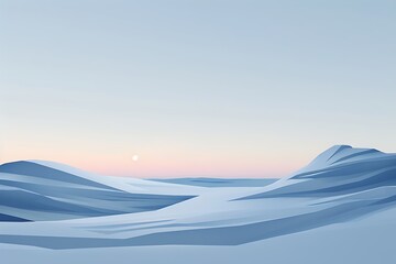 A minimalist design of a serene snowscape with a clear twilight sky