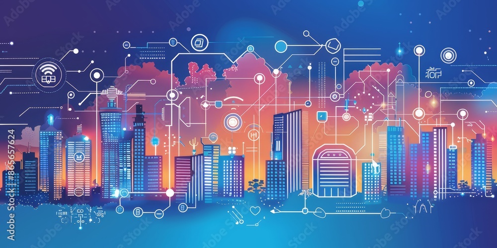 Poster futuristic smart city skyline with digital network interface, showcasing modern technology and urban