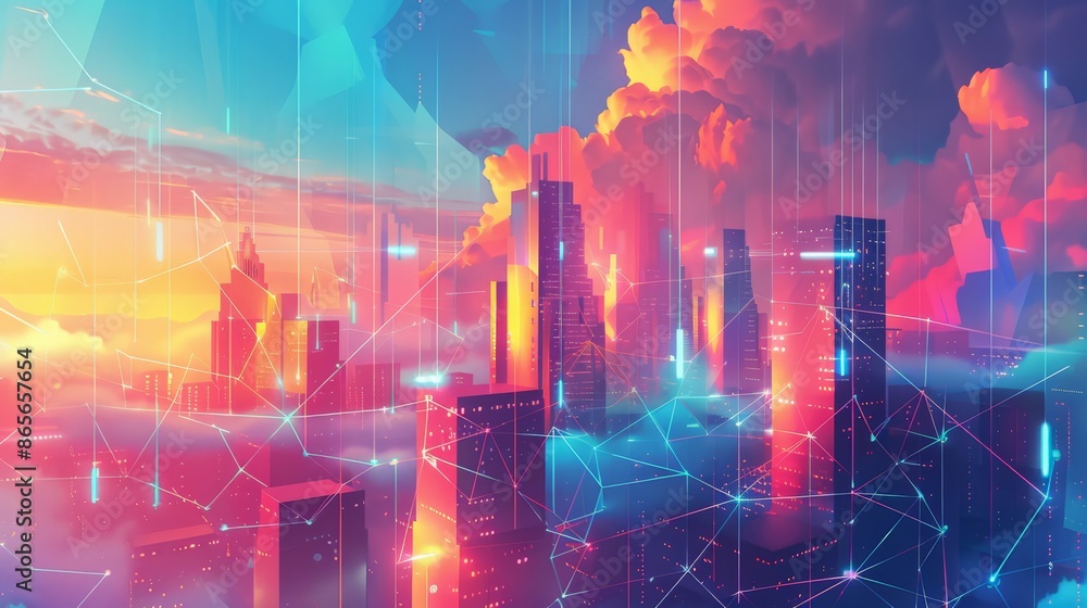 Poster futuristic city with glowing digital lines and nodes creating network. high-tech urban landscape wit