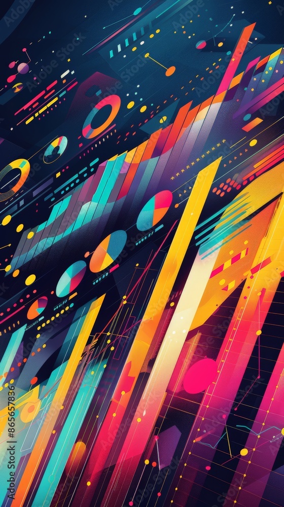 Poster Colorful digital city with glowing nodes and lines representing network. Futuristic urban background with advanced technology and vibrant visuals