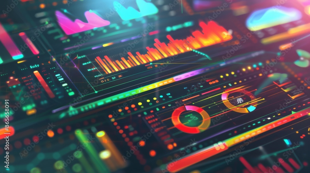 Poster Innovative business dashboard with colorful graphs and data metrics on a dark background. Suitable for financial and strategic presentations